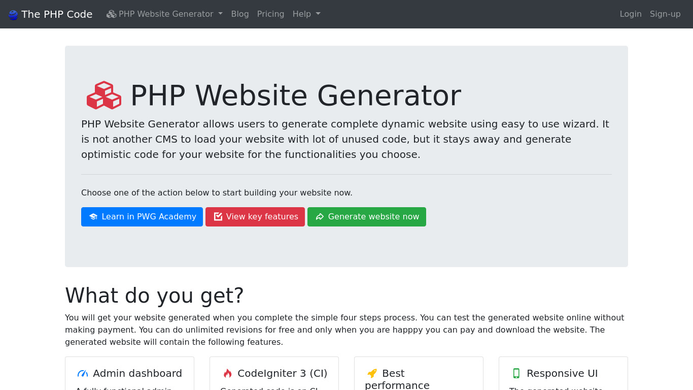 PHP Code Generator (PCG) Landing page