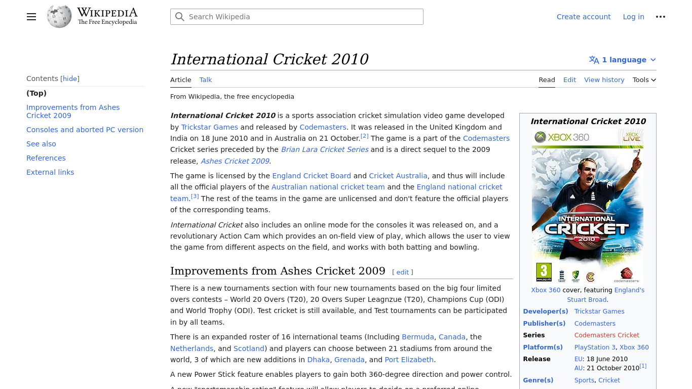 International Cricket 2010 Landing page