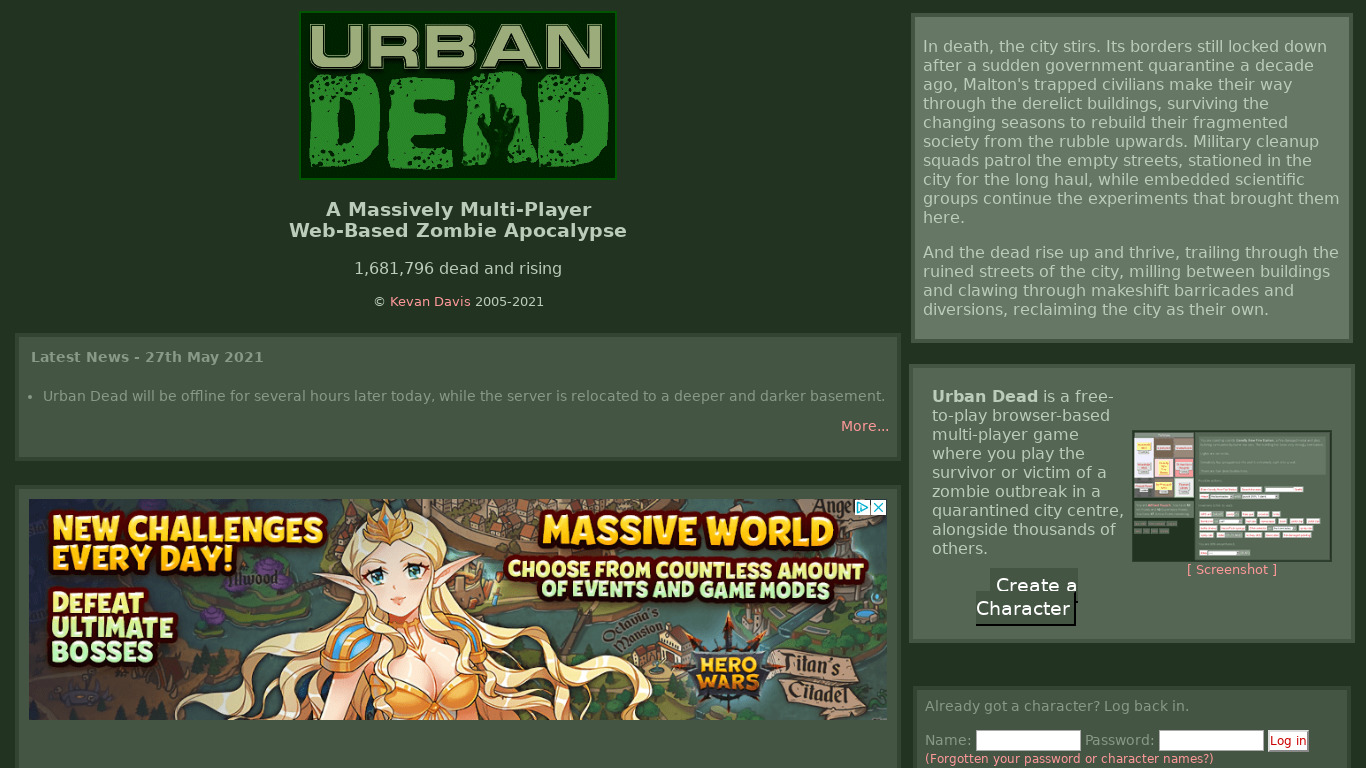 Urban Dead Landing page