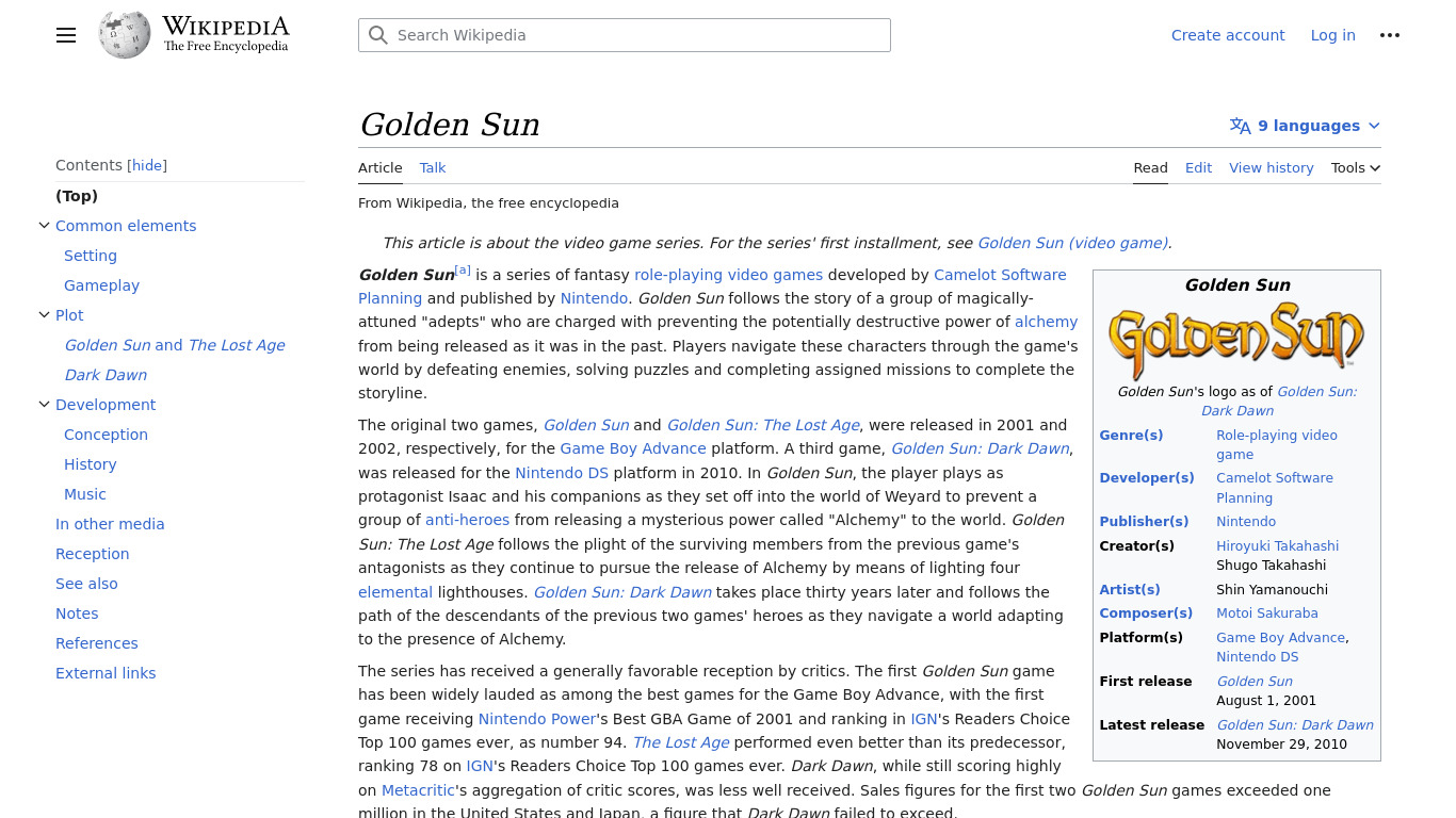 Golden Sun Landing page