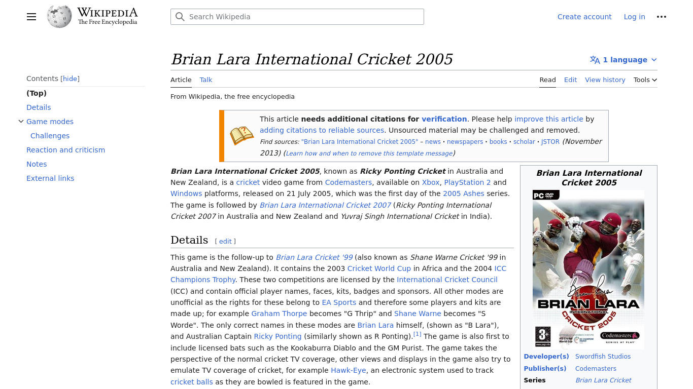 Brian Lara International Cricket 2005 Landing page