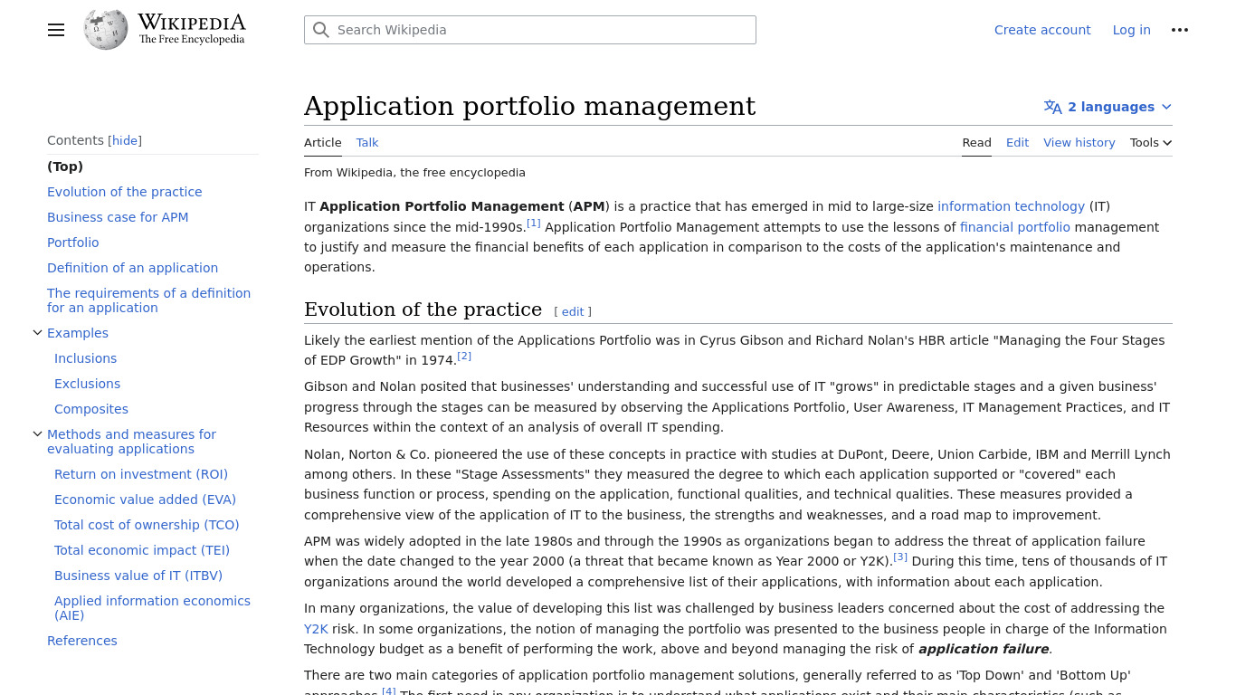 Application Portfolio Management Landing page