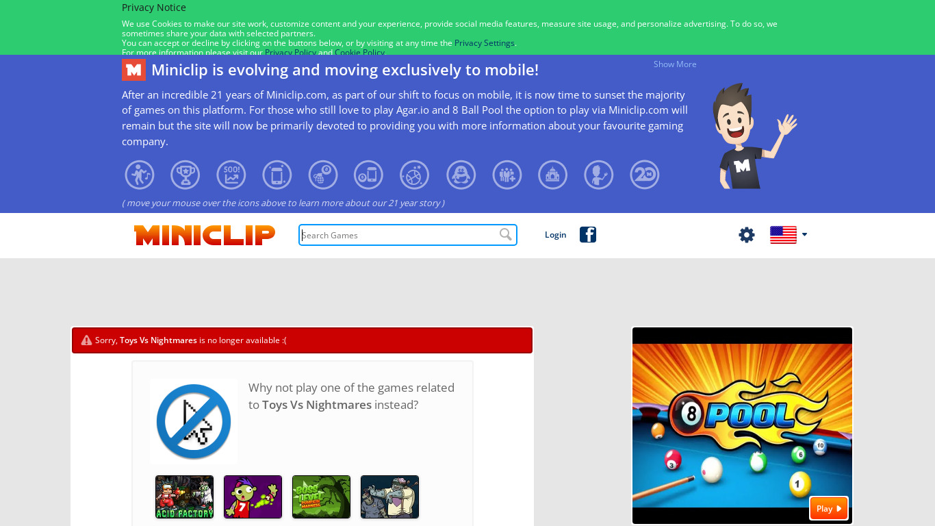 miniclip.com Toys Vs Nightmares Landing page
