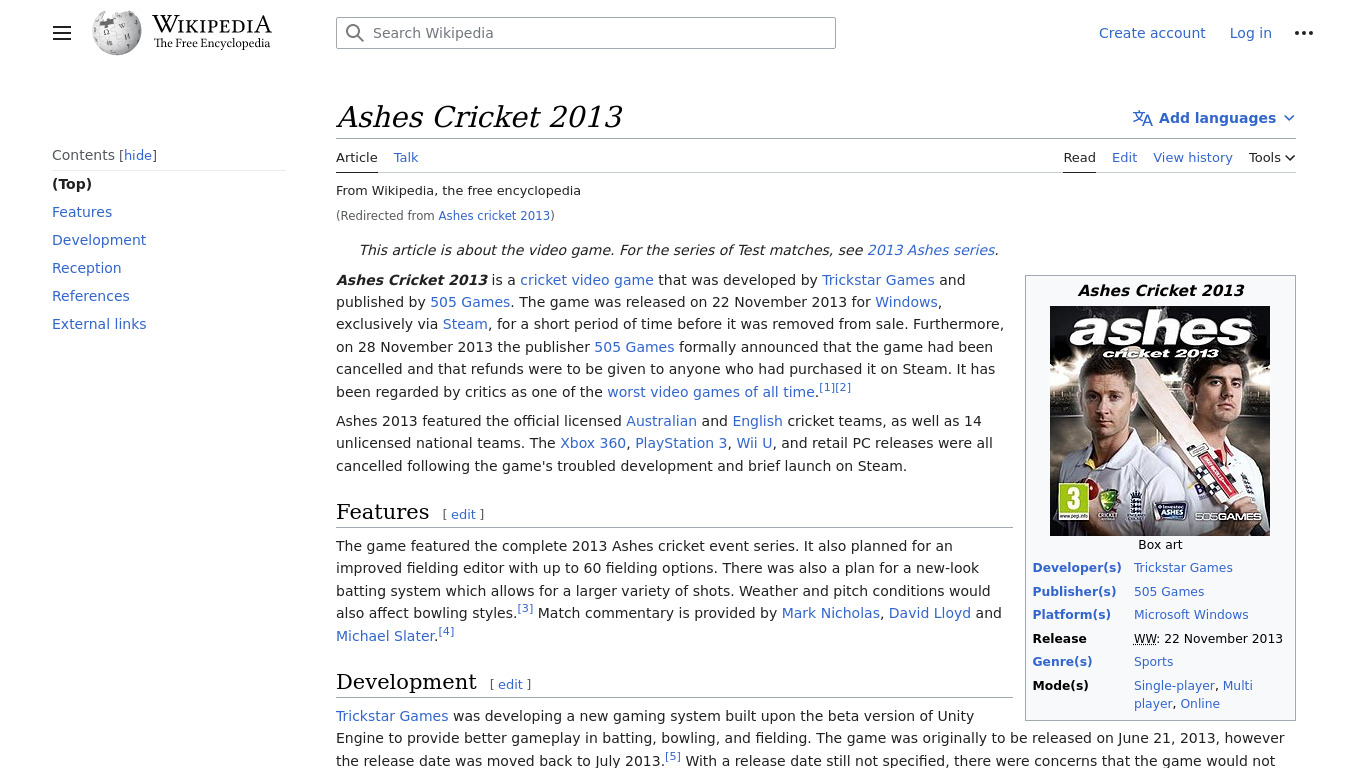 Ashes Cricket 2013 Landing page