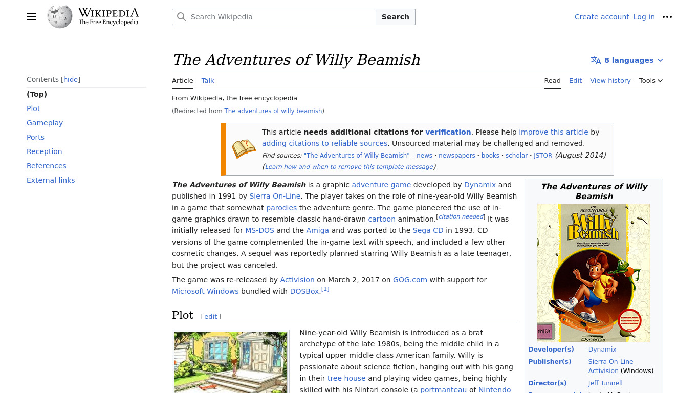 The Adventures of Willy Beamish Landing page