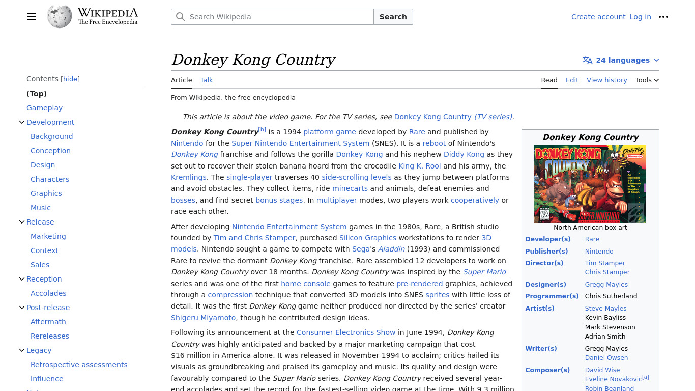Donkey Kong Country Landing page