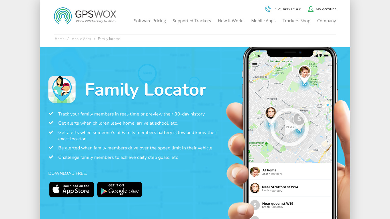 GPSWOX Family Locator Landing page