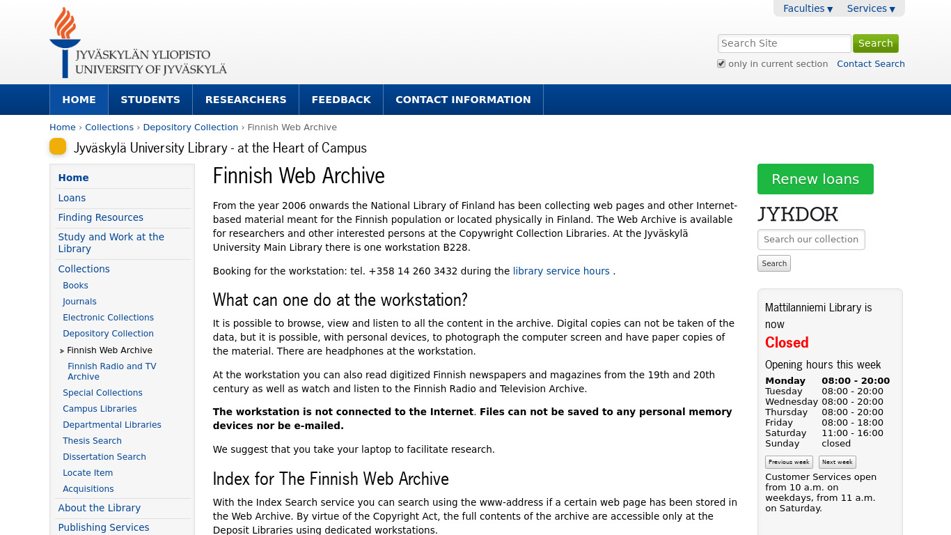 kirjasto.jyu.fi Finnish Web Archive Landing page