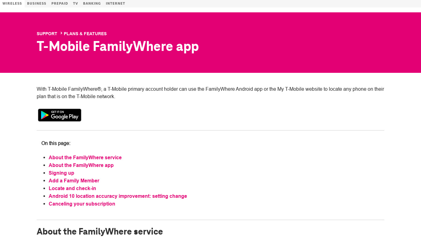 T-Mobile FamilyWhere Landing page