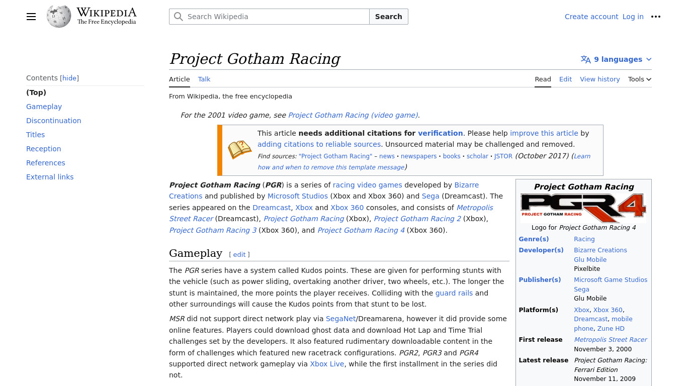 Project Gotham Racing Landing page