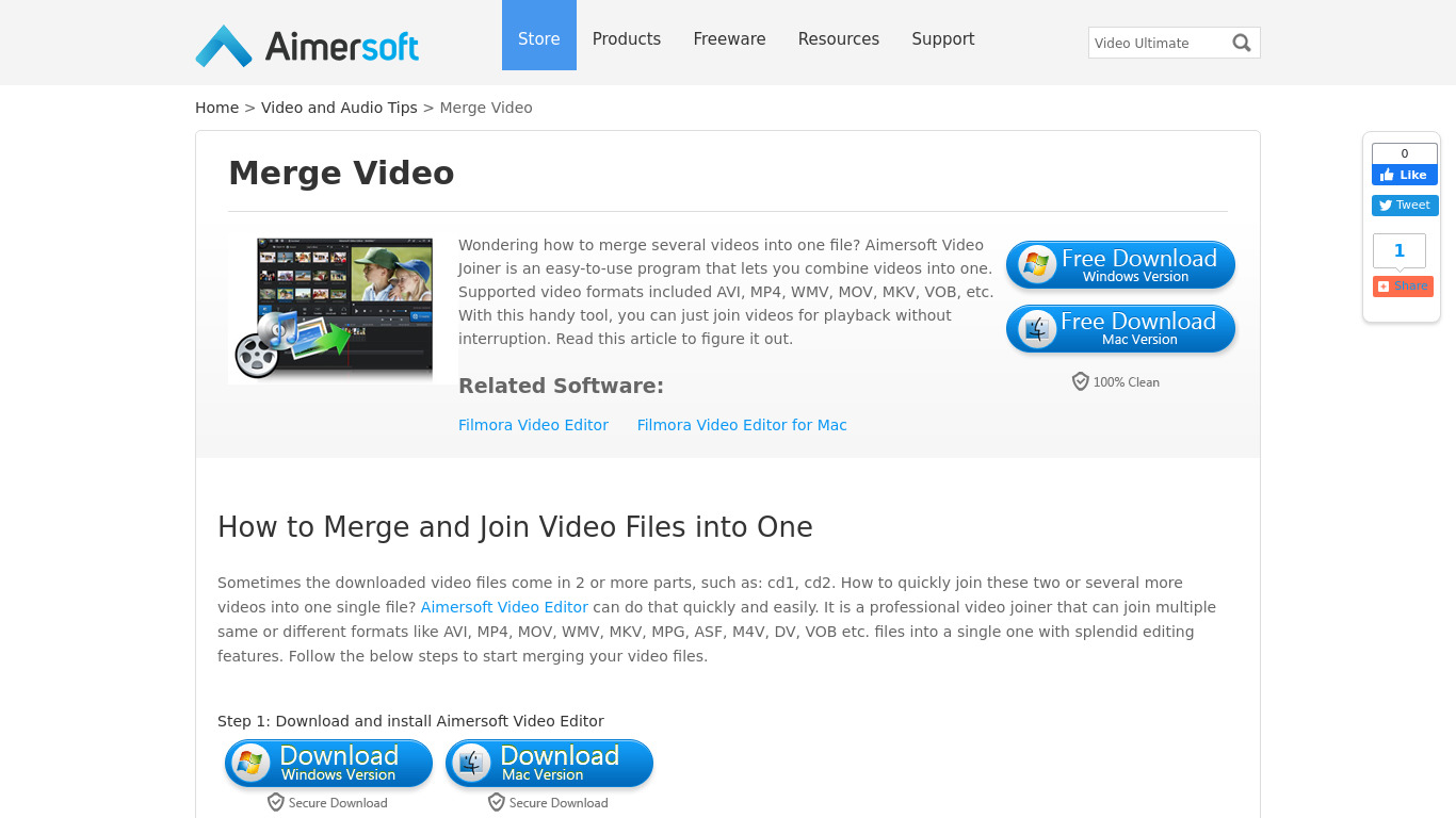 Aimersoft Video Joiner Landing page