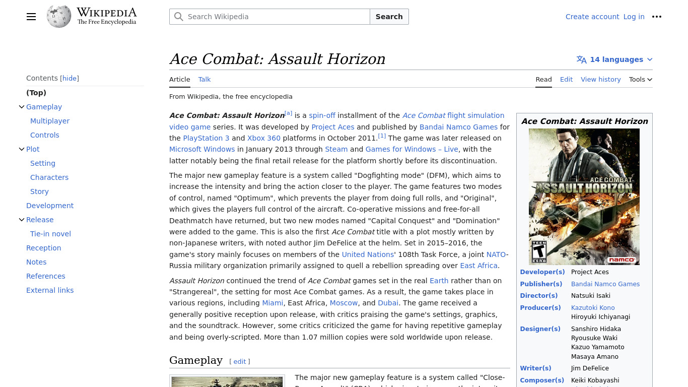 Ace Combat: Assault Horizon Landing page