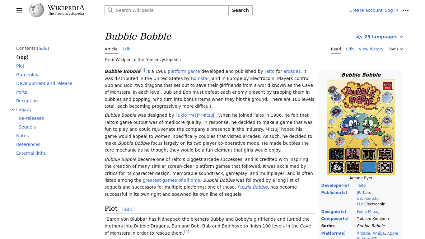 Bubble Bobble Landing page