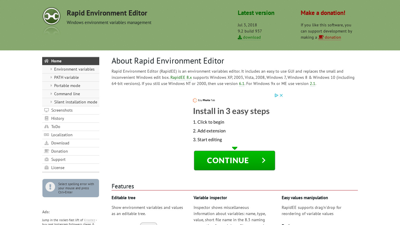 Rapid environment editor Landing page