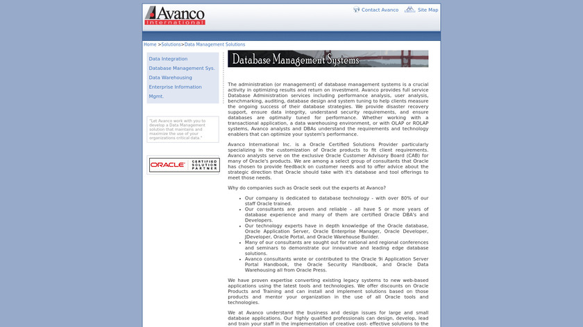 Avanco Database Management Solutions Landing Page