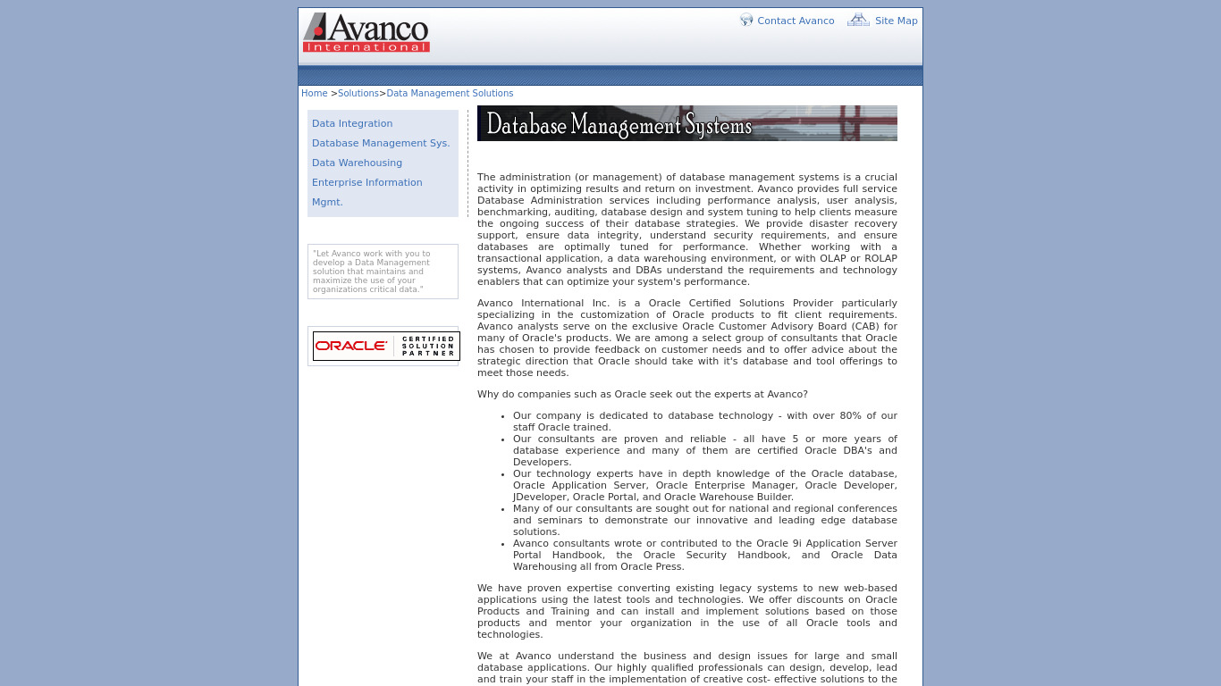 Avanco Database Management Solutions Landing page