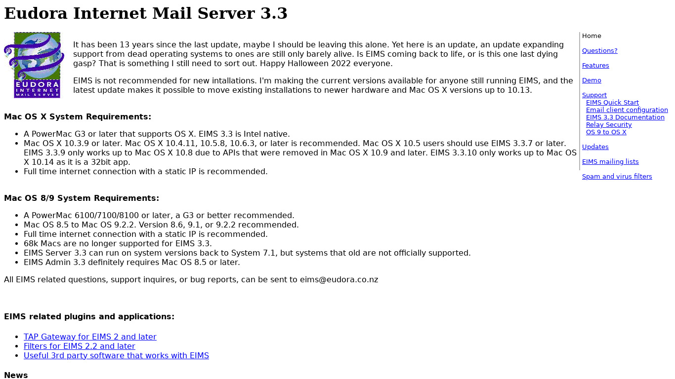 Eudora Internet Mail Server Landing page