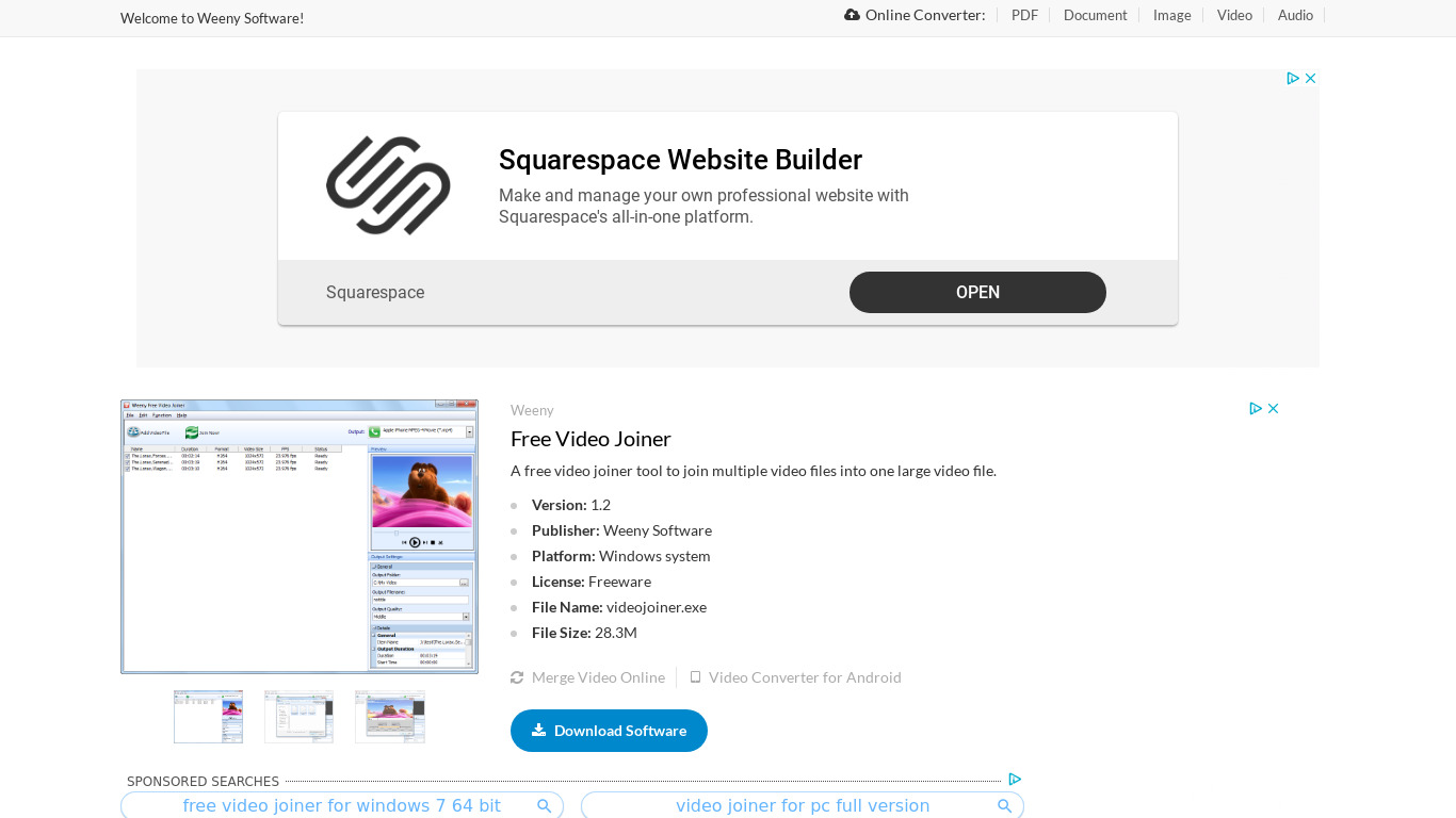 Weeny Free Video Joiner Landing page