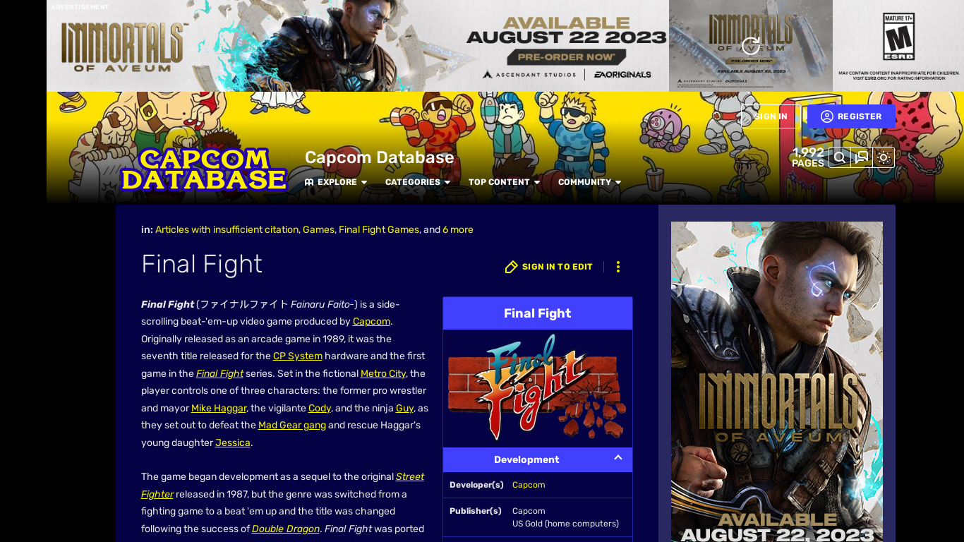 Final Fight Landing page