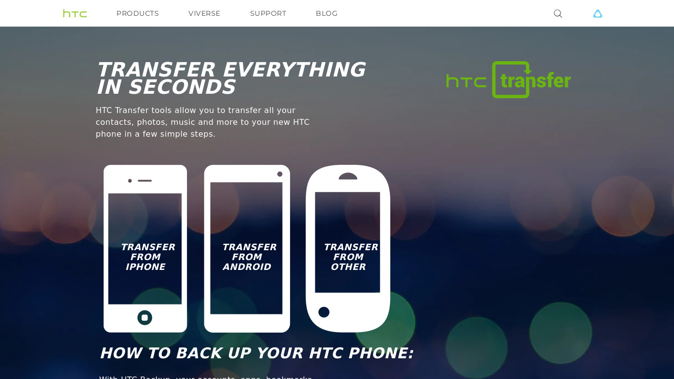 HTC Transfer Tool Landing page