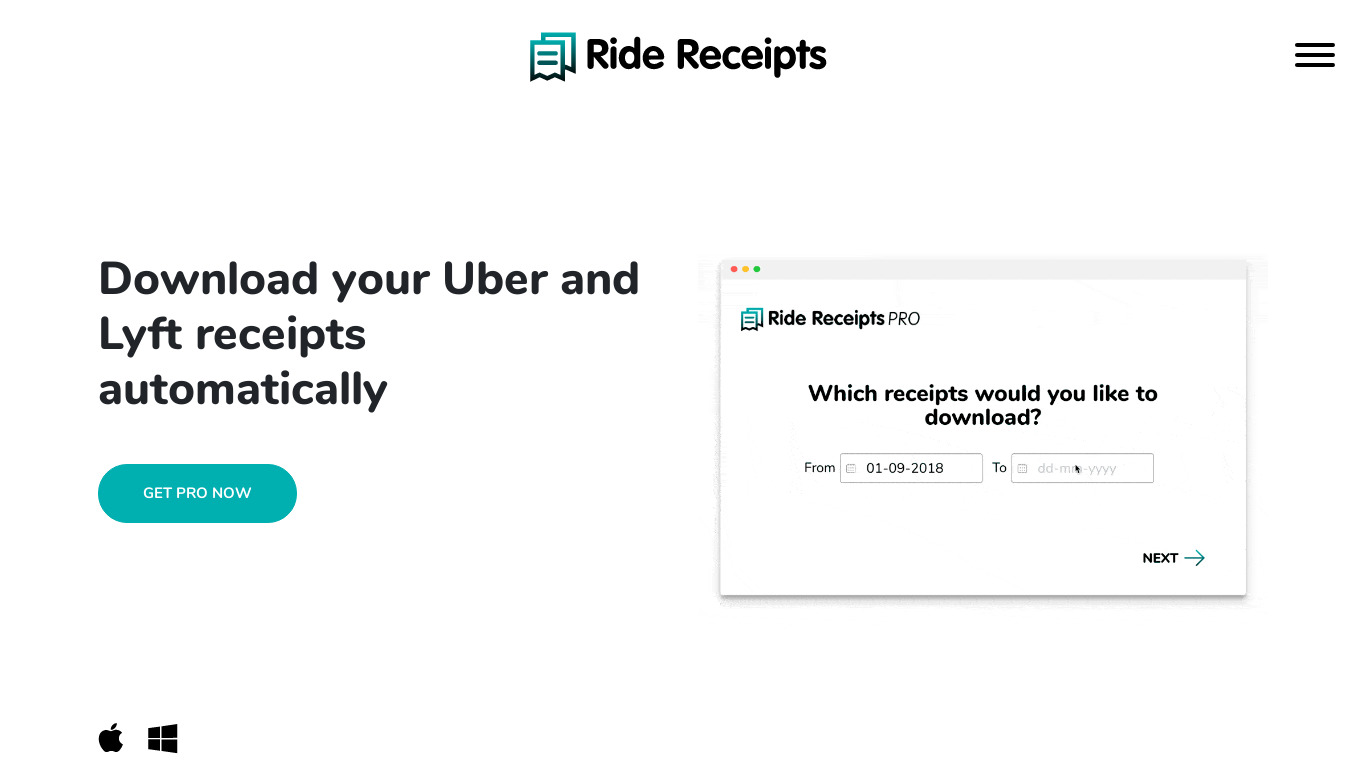 Ride Receipts Landing page