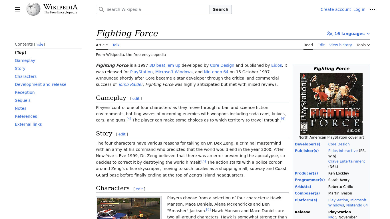 Fighting Force Landing page