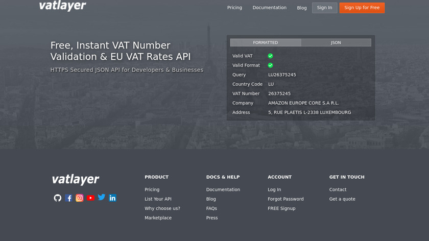 vatlayer API Landing Page