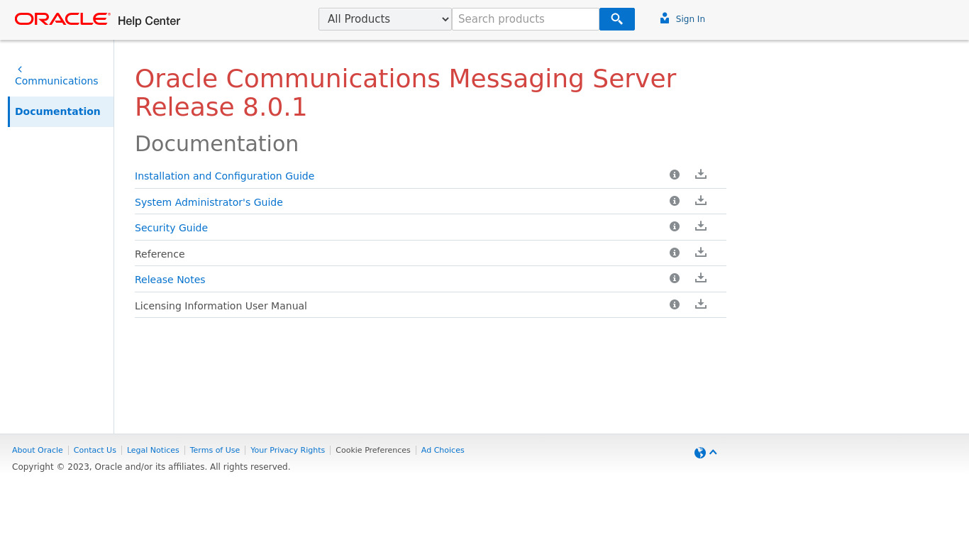 Oracle Communications Messaging Server Landing page