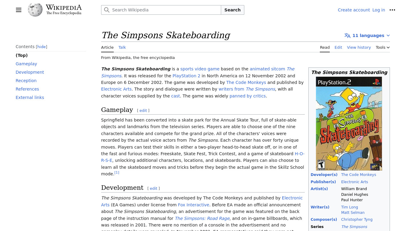 The Simpsons Skateboarding Landing page