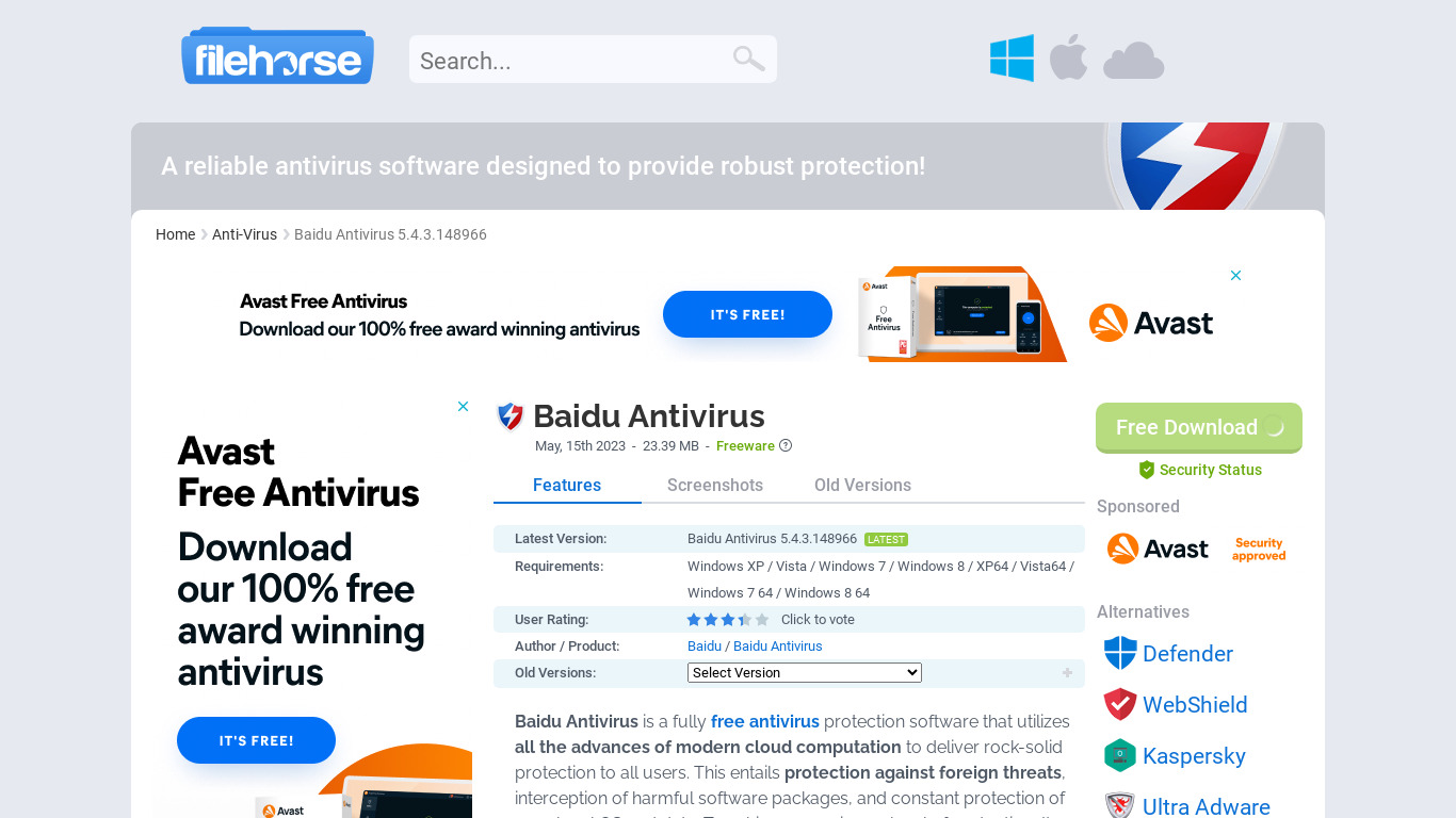 Baidu Antivirus Landing page