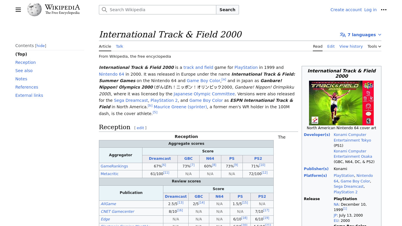 International Track and Field 2000 Landing page