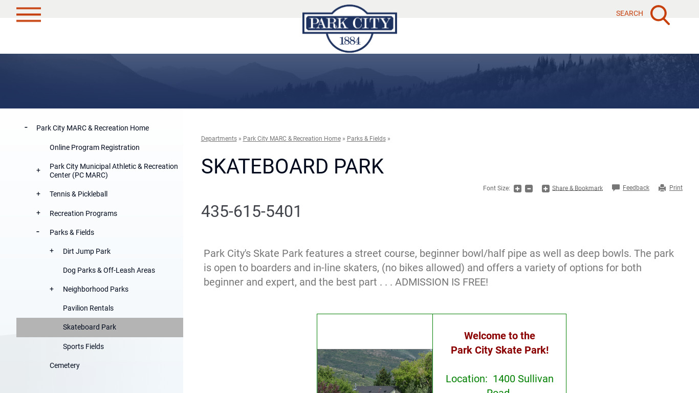parkcity.org Skate Park City Landing page