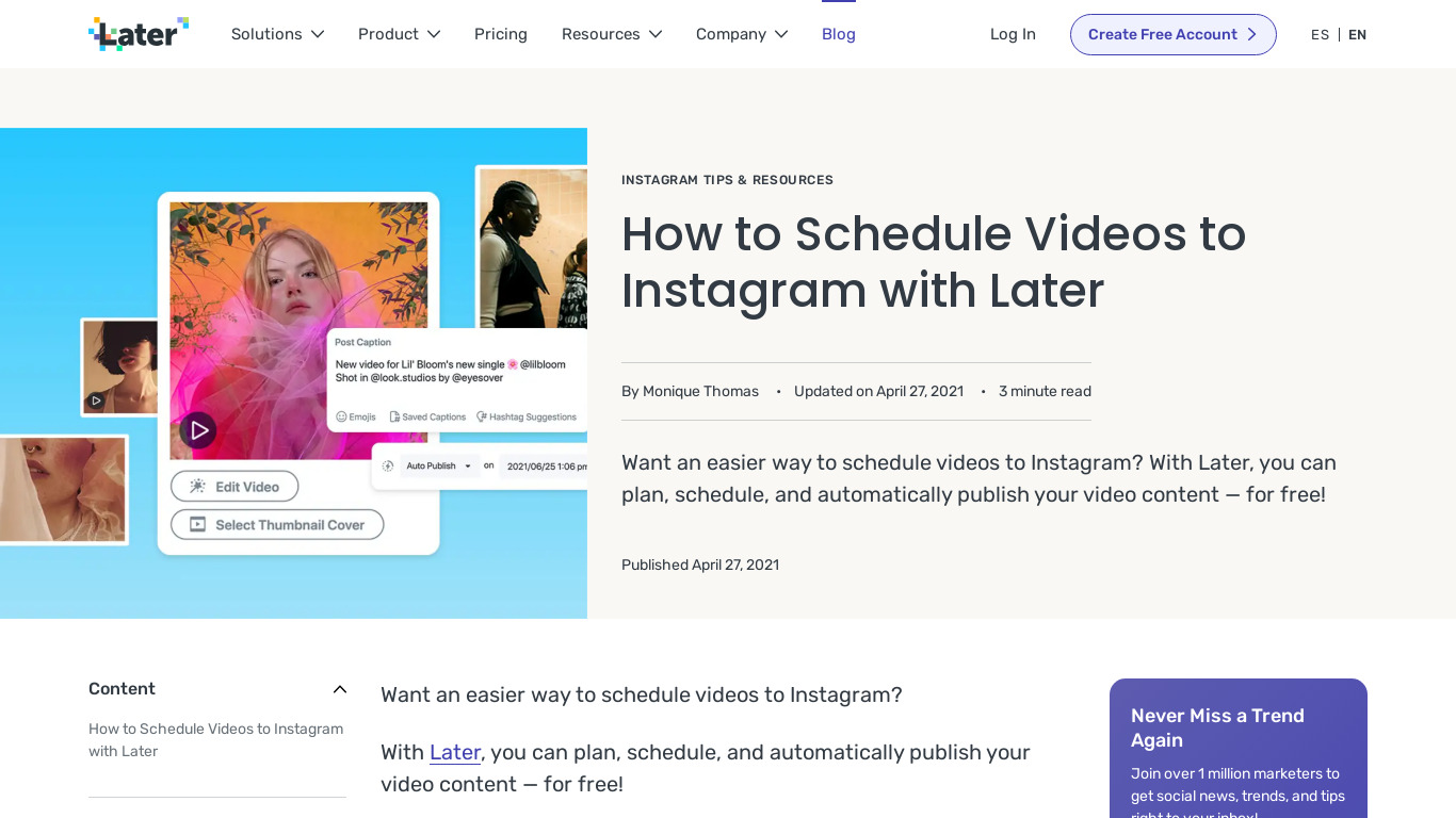 Schedule Instagram Videos by Later Landing page