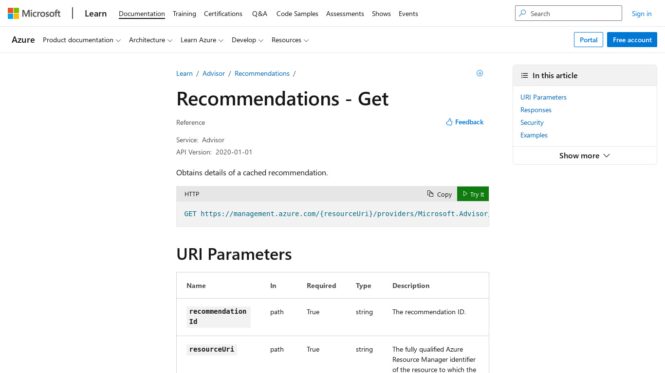 Microsoft Recommendations API Landing page