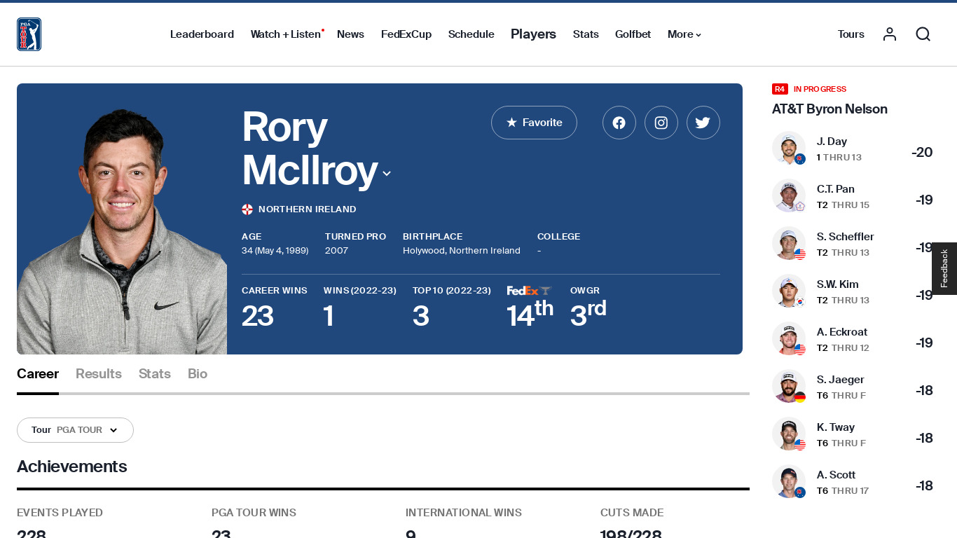 Rory McIlroy PGA Tour Landing page
