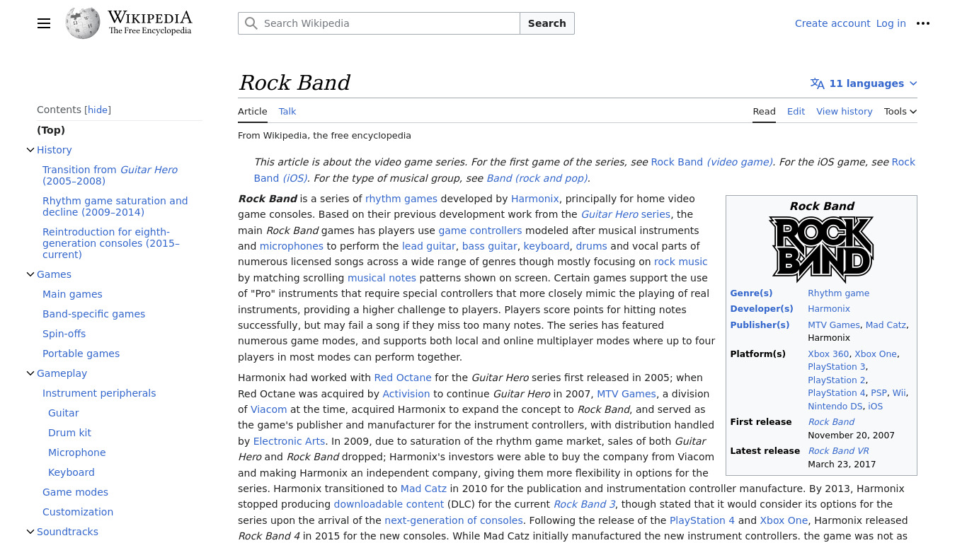 Rock Band Landing page
