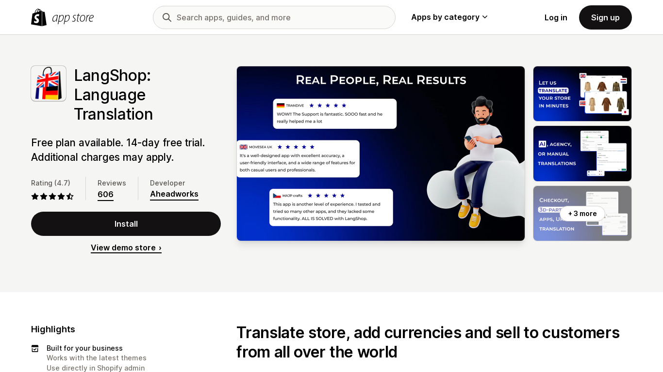 LangShop Translate Landing page