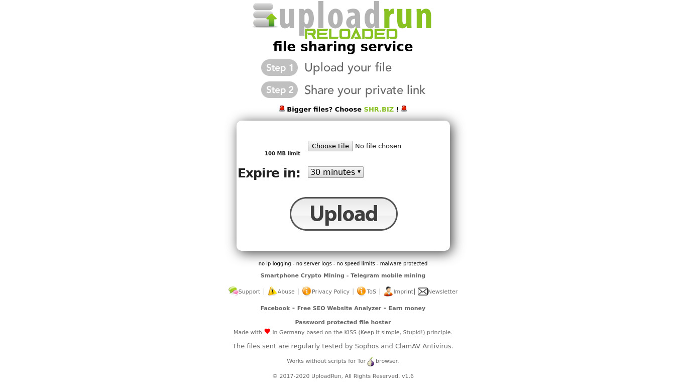 Upload.Run Landing page