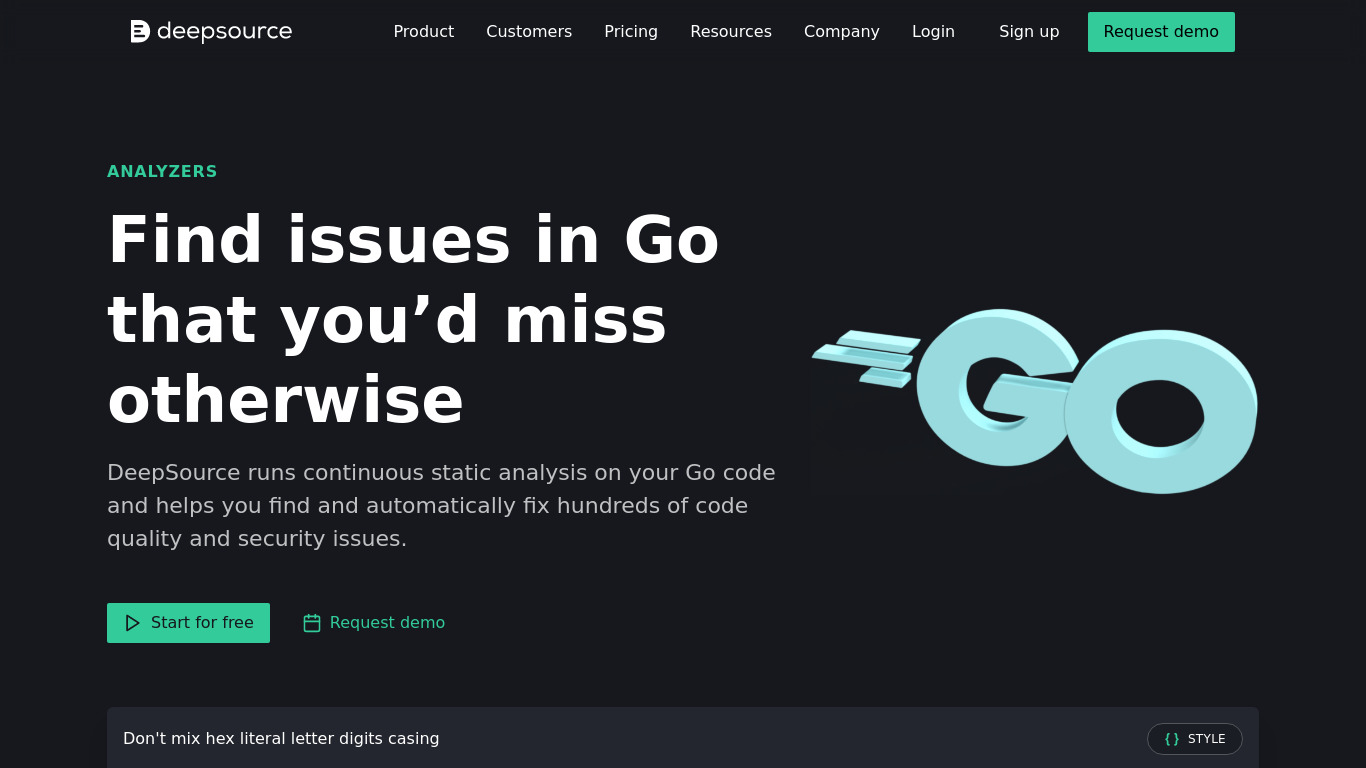 DeepSource for Go Landing page