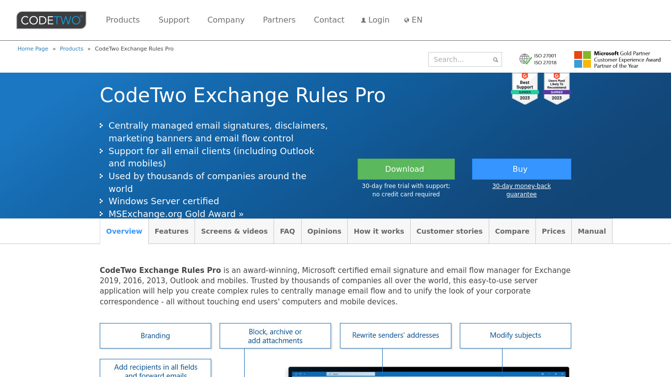 CodeTwo Exchange Rules Pro Landing page