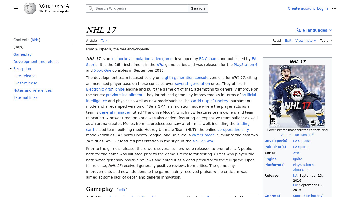 NHL 17 Landing page