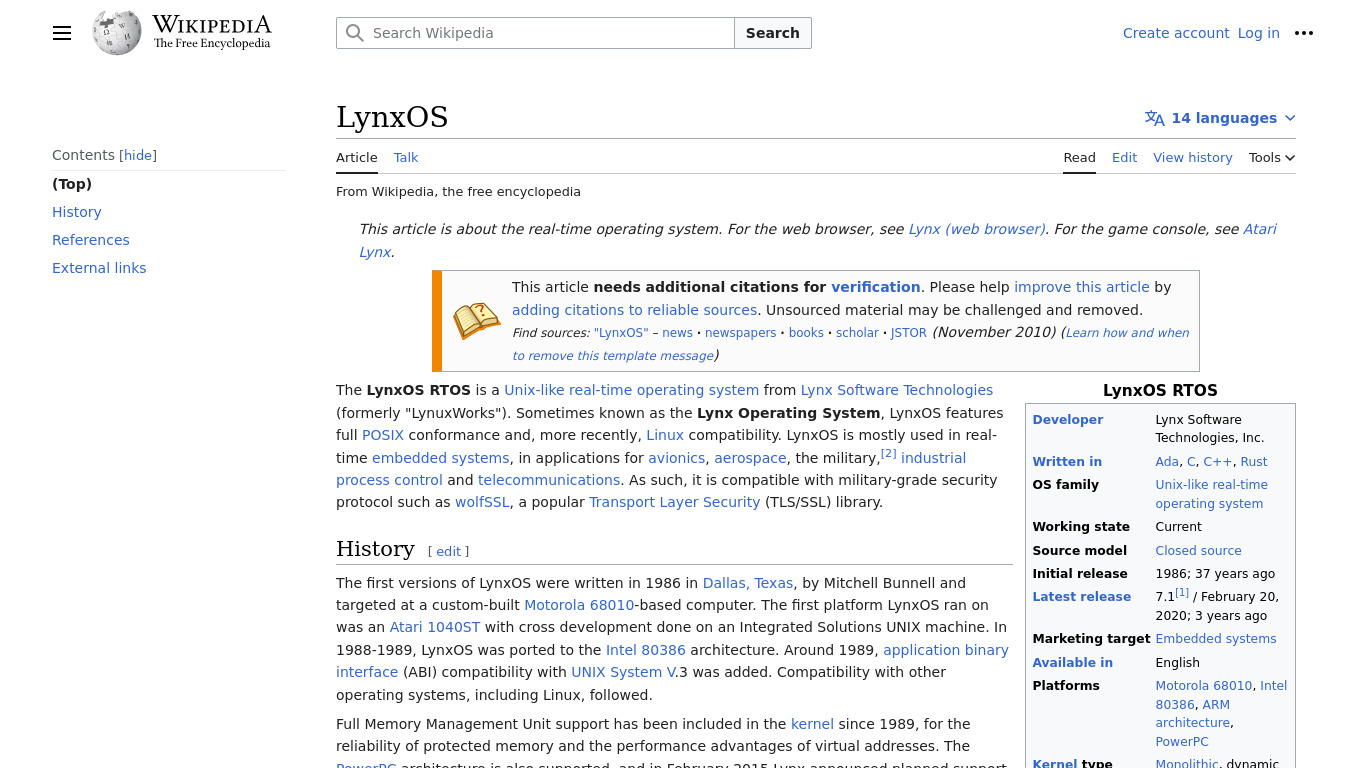 LynxOS RTOS Landing page
