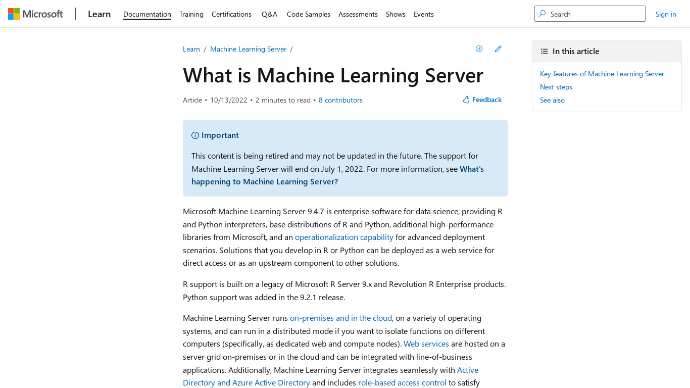Microsoft Machine Learning Server Landing page
