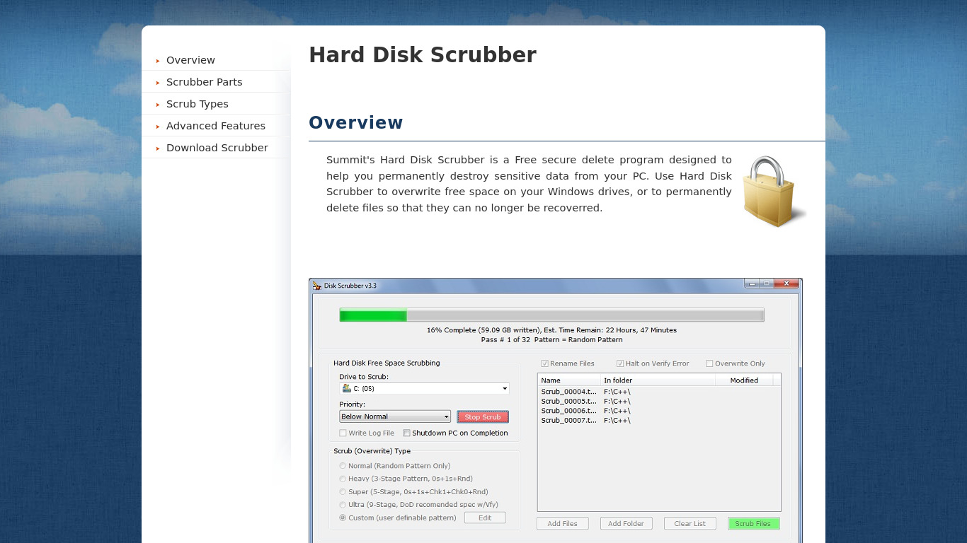 Hard Disk Scrubber Landing page