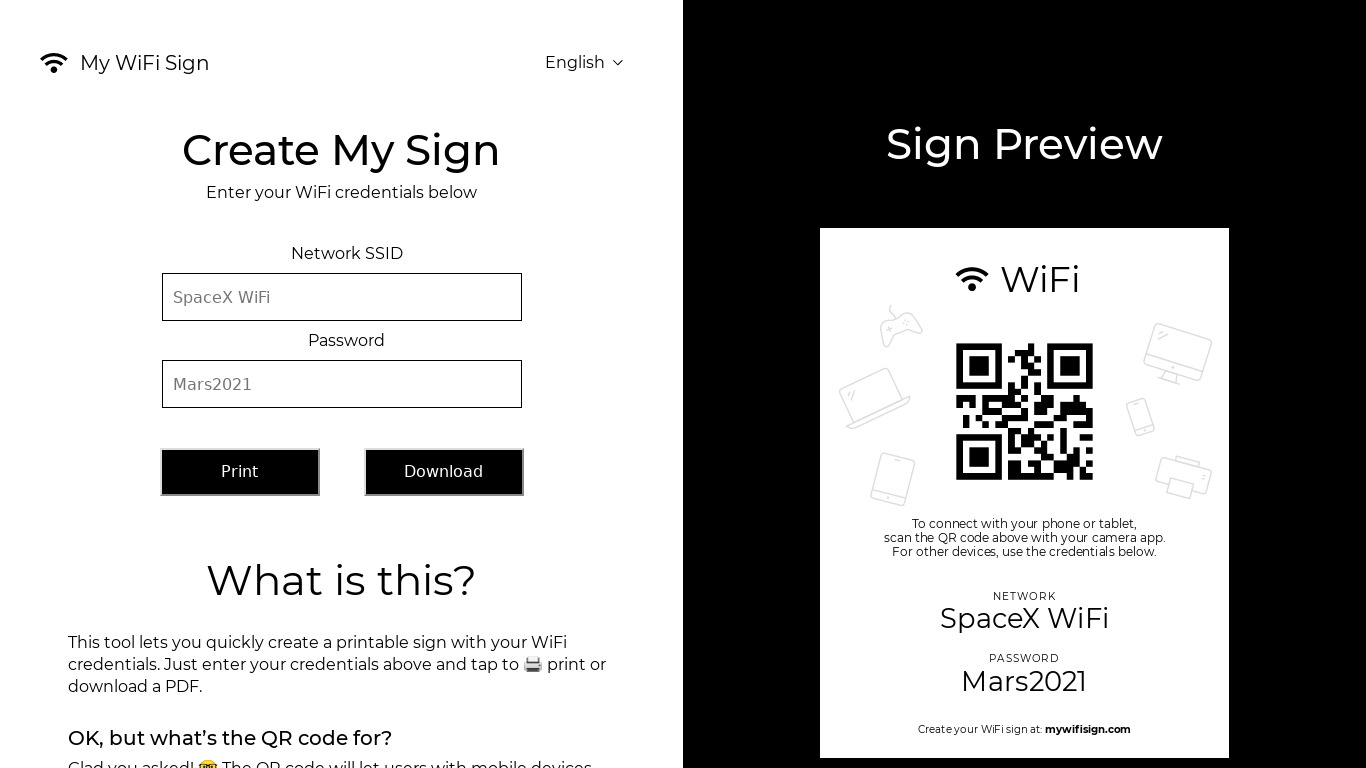 My WiFi Sign Landing page