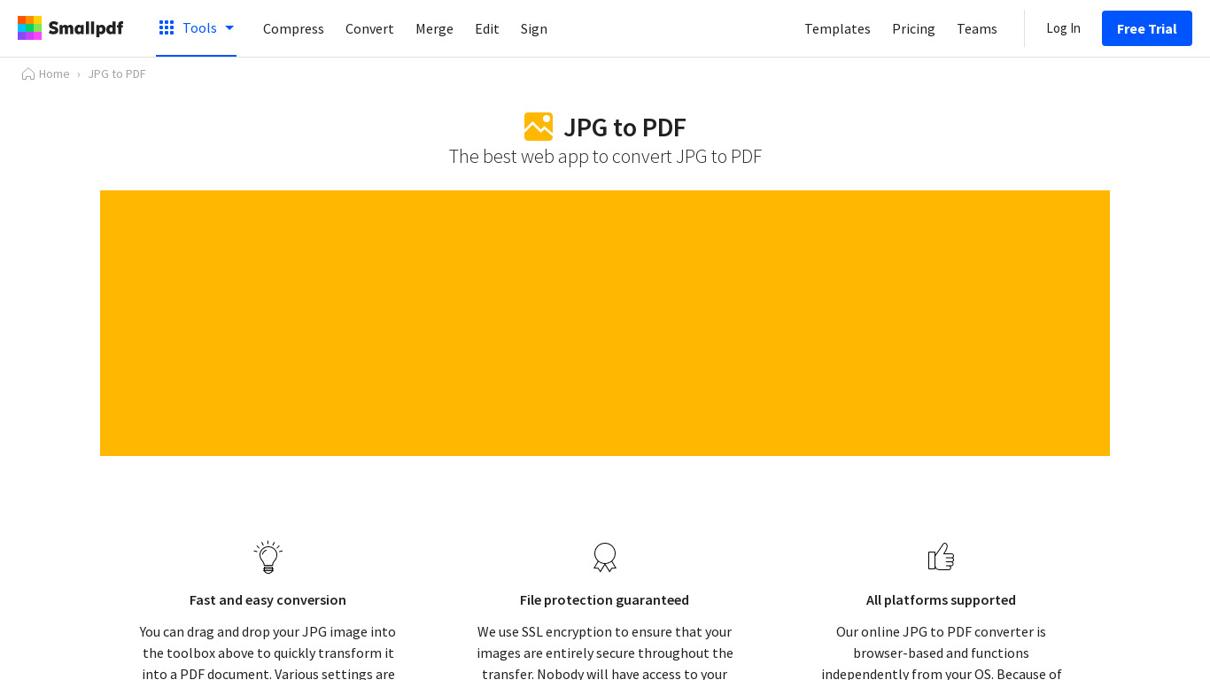 JPG to PDF (by SmallPDF) Landing page