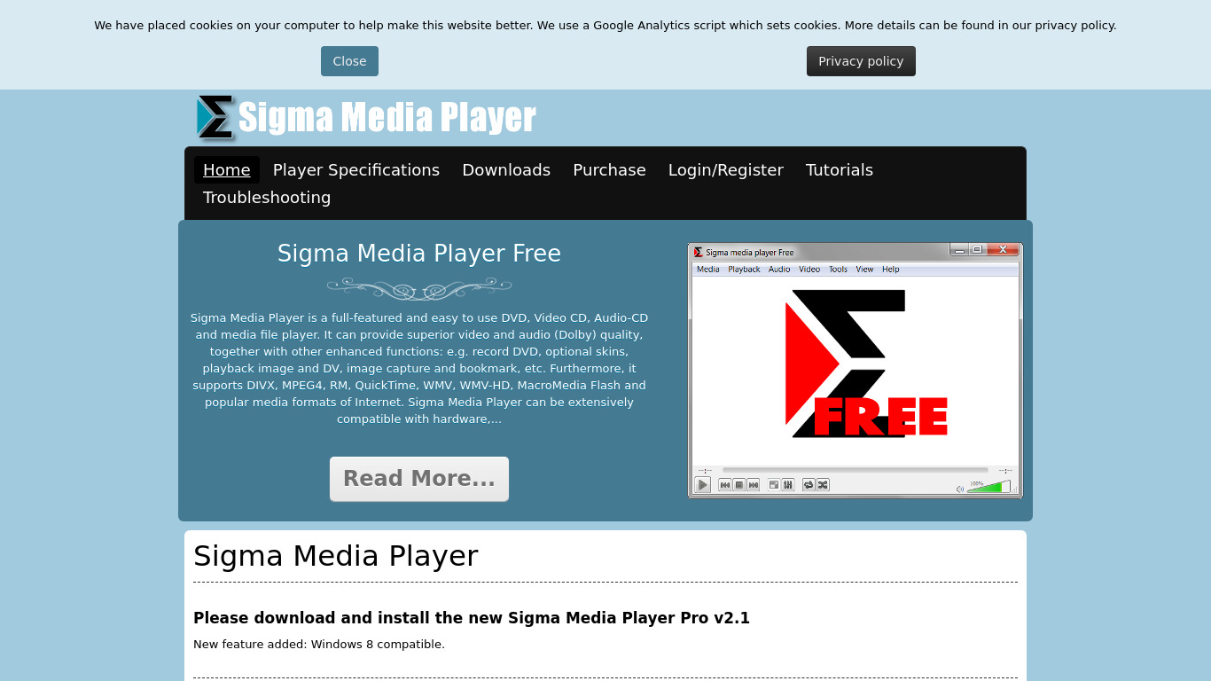 Sigma Media player Landing page