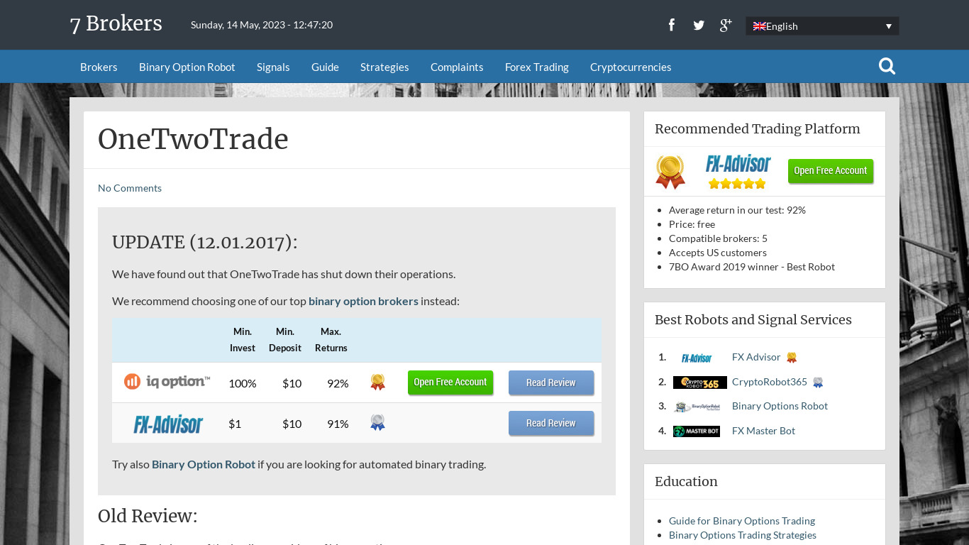 OneTwoTrade Landing page