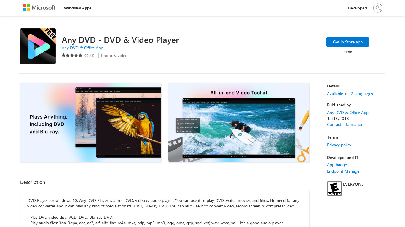 Any Media Player Landing page