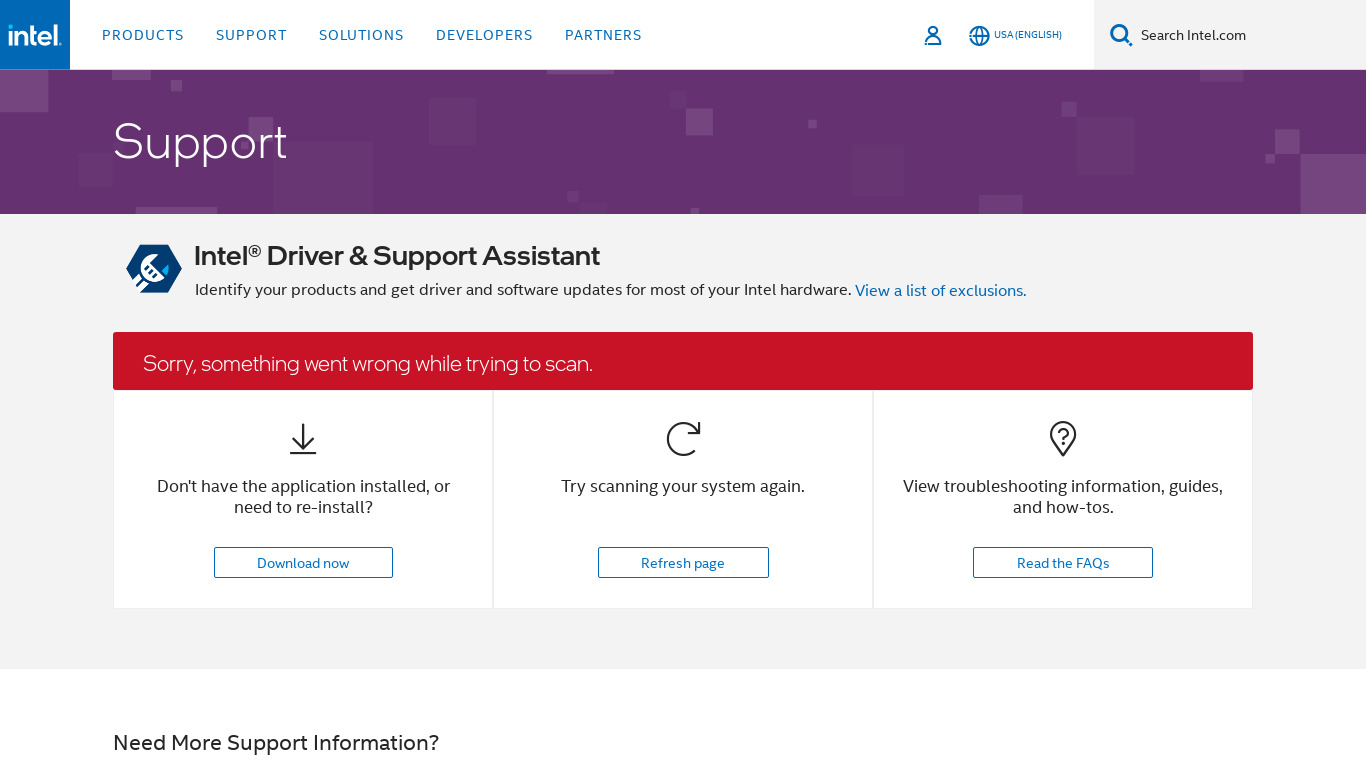 Intel Driver & Support Assistant Landing page